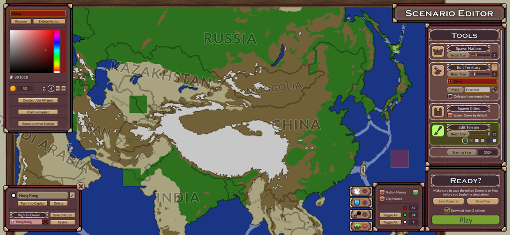 Ages of Conflict World War Sim - Interfaccia dell'editor di scenari in Ages of Conflict che mostra una mappa mondiale personalizzabile