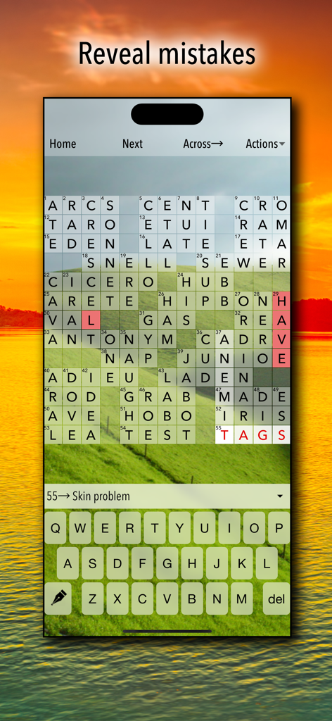 Crossword Puzzles! - A mobile crossword game interface showing red highlighted errors over a scenic background of green hills.