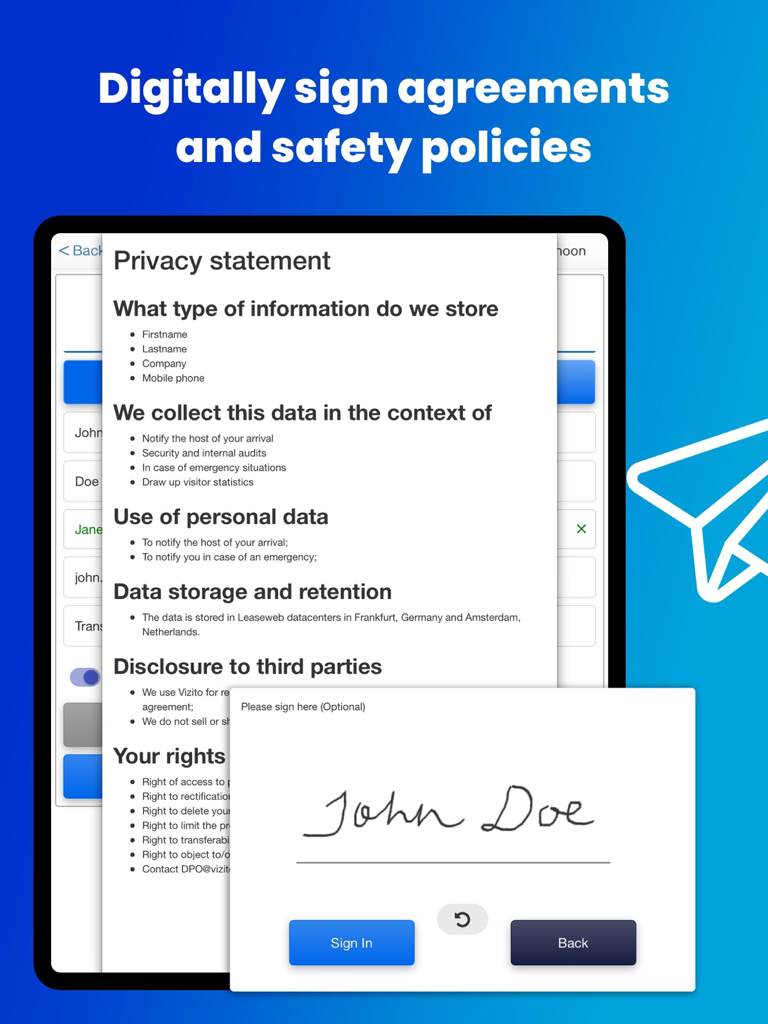 iPad que muestra el registro de visitantes de Vizito con firma digital y declaración de privacidad