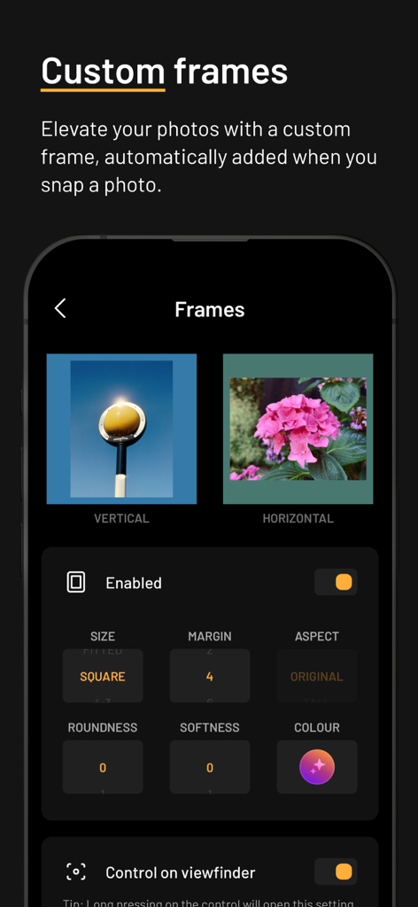 mood.camera - Interface of the mood.camera app showing settings for adding custom frames to photos with options for size and color.