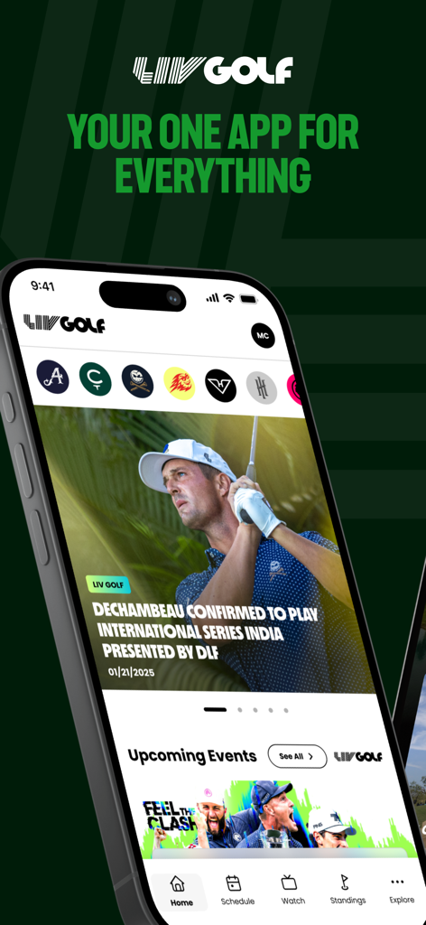 LIV Golf app home screen displaying the latest golf news and team logos on a smartphone