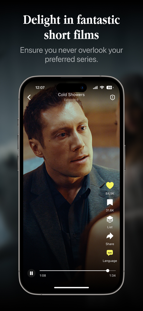 DramaShorts: Watch TV & Shows - Interfaz de reproductor de video vertical en la aplicación DramaShorts mostrando una escena de un cortometraje