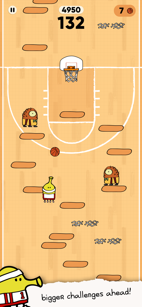 Doodle Jump 2 character jumping on platforms in a basketball themed world with silly monsters.