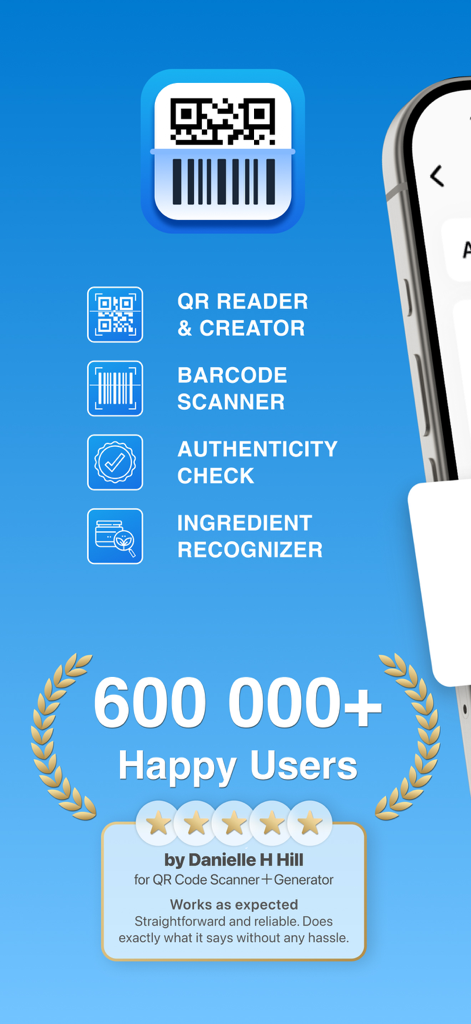 QR Code Reader ・Generator - Pantalla promocional de la aplicación Lector y Generador de Códigos QR destacando funciones de escaneo y una reseña positiva de usuario de 600.000 usuarios felices.