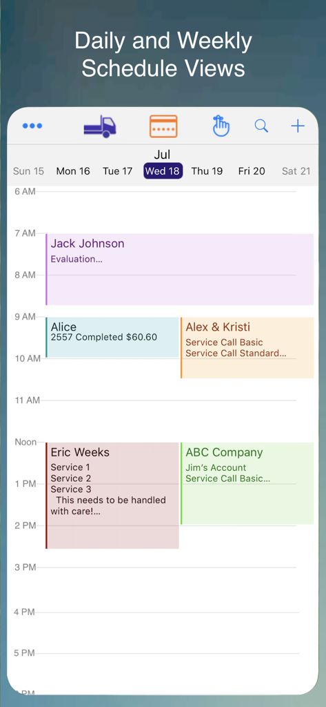 Landscaper & Tree Pro Business - Daily and weekly schedule view showing color coded appointments in the Landscaper and Tree Pro Business app.