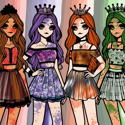 4 teens girls waering dresses 1 wearing a croptop with crowns long hair cute