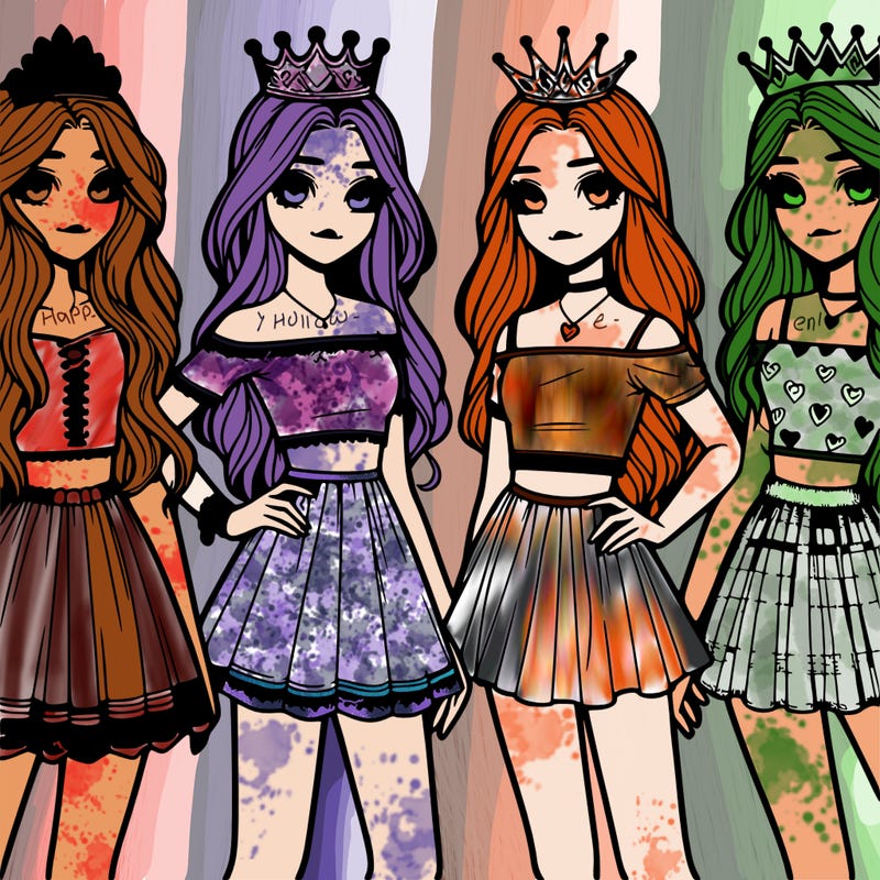 4 teens girls waering dresses 1 wearing a croptop with crowns long hair cute