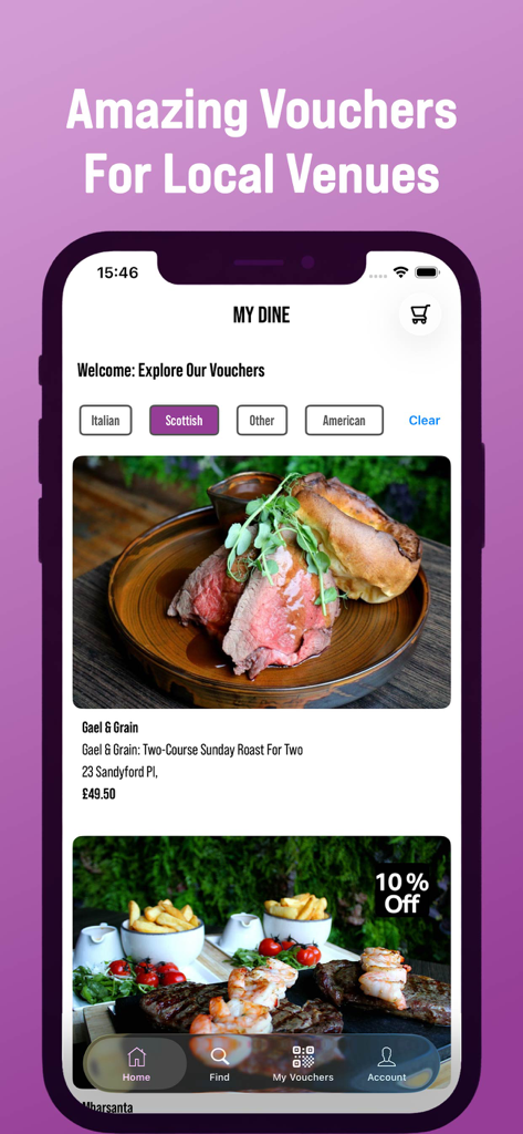 MyDine - MyDine app interface showing curated restaurant vouchers for high quality local dining venues