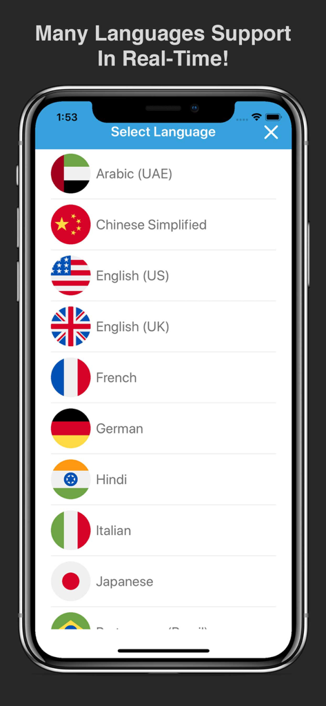 Realtime Speech Translator Pro - Language selection screen in the Realtime Speech Translator Pro app showing a list of supported languages and flags.