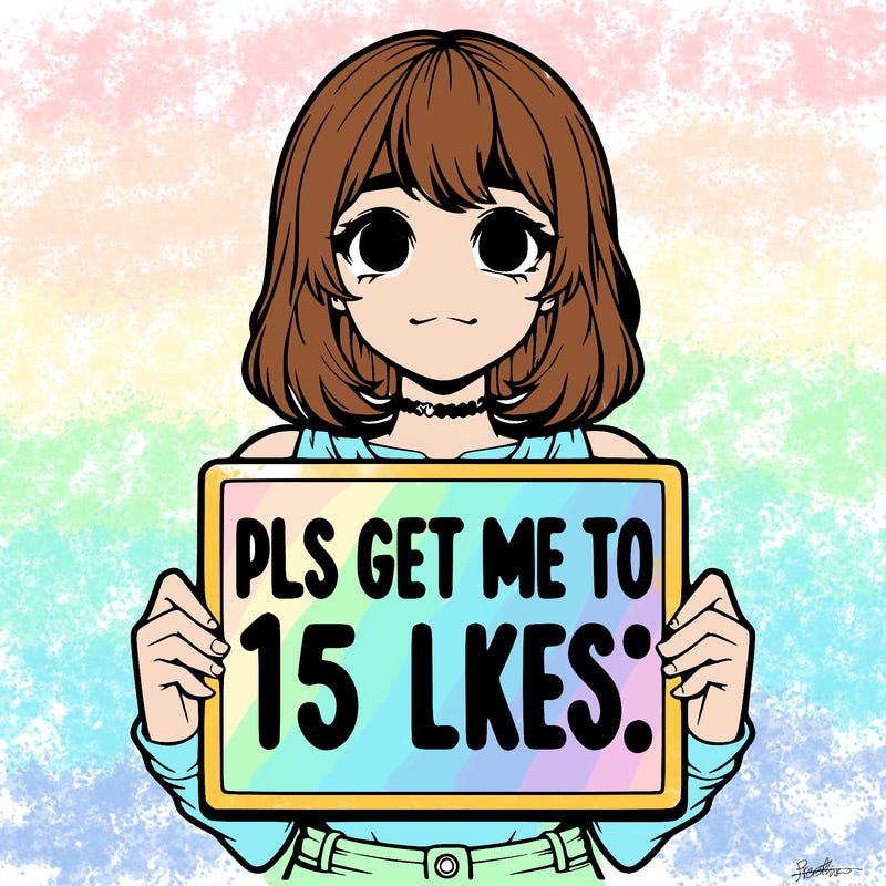 realistic girl holding up a sign that says “pls get me to 15 likes!”