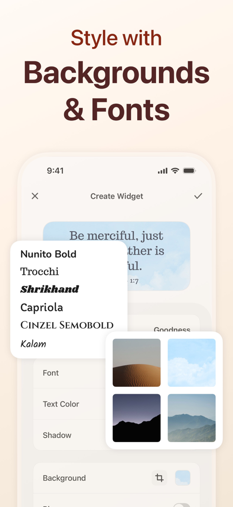 Interface for styling a Bible verse widget with various fonts and aesthetic backgrounds