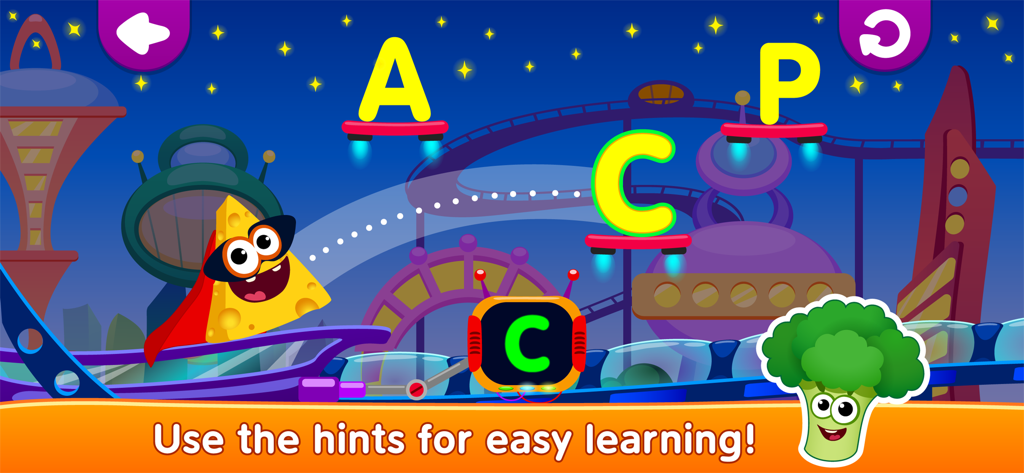 Divertente personaggio anguria che cattura lettere dell'alfabeto volanti in un campo colorato di margherite.