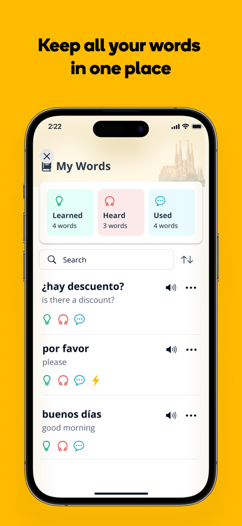 Memrise Easy Language Learning - Memrise app interface showing the My Words feature with a list of learned Spanish phrases and vocabulary tracking icons