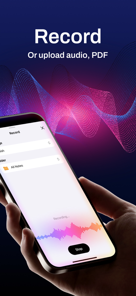 AI Note Taker: Meeting Minutes - Smartphone screen showing the recording interface of the AI Note Taker app with a stop button and digital waveform.