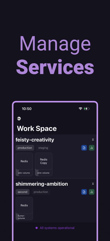 Railway.app Client — Station - Mobile interface of Station app showing a workspace for managing Railway.app services and projects