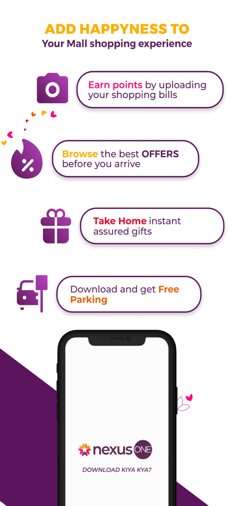 nexusONE - nexusONE app promotional screen highlighting mall shopping benefits like rewards for bills, offers, instant gifts and free parking