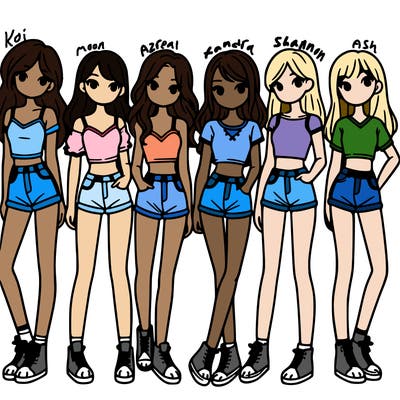 a group of girls wearing crop tops and shorts