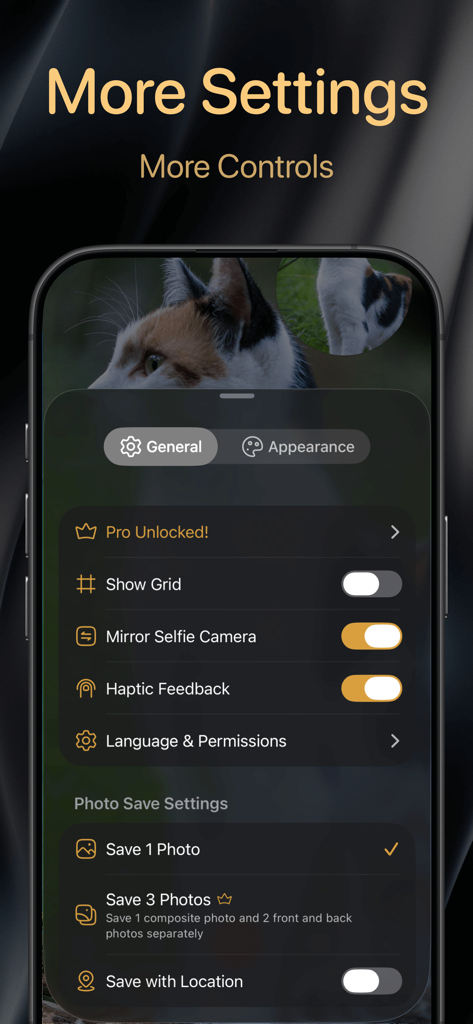 Interfaz mostrando ajustes profesionales y controles de cámara para la app 2Camera