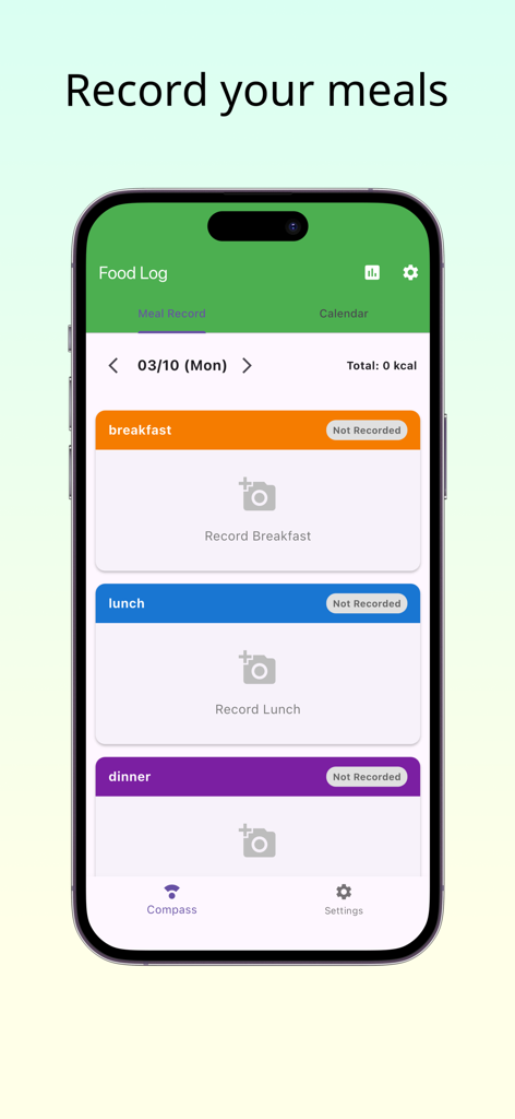 Foodlog - Food Log Memo - Pantalla de registro de comidas de la aplicación Foodlog para rastrear el desayuno, el almuerzo y la cena.