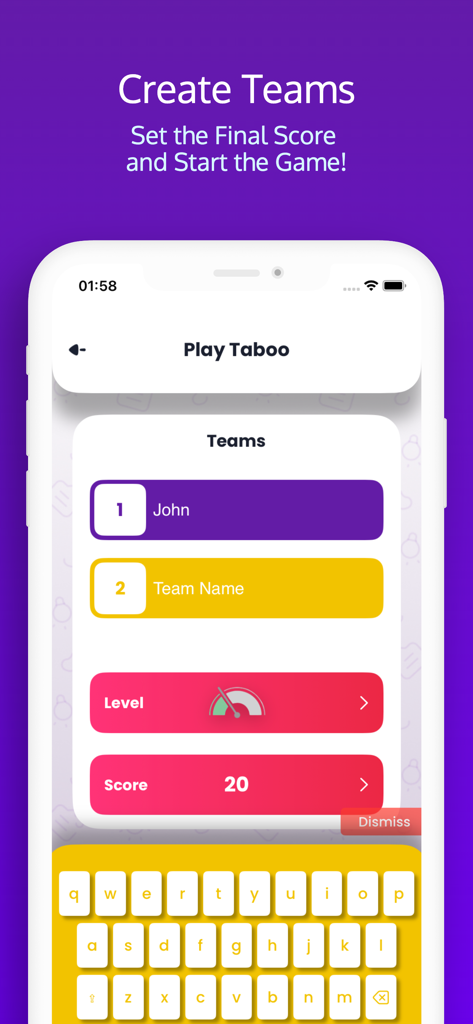 Tabuland: AI Powered Taboo - Interface para criar equipes e definir pontuações no jogo de festa Tabuland