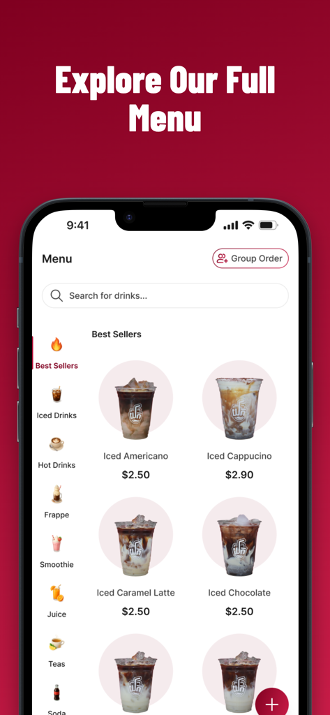 YOK Cafe - YOK Cafe app menu showing iced coffee beverages and categories like iced drinks and hot drinks