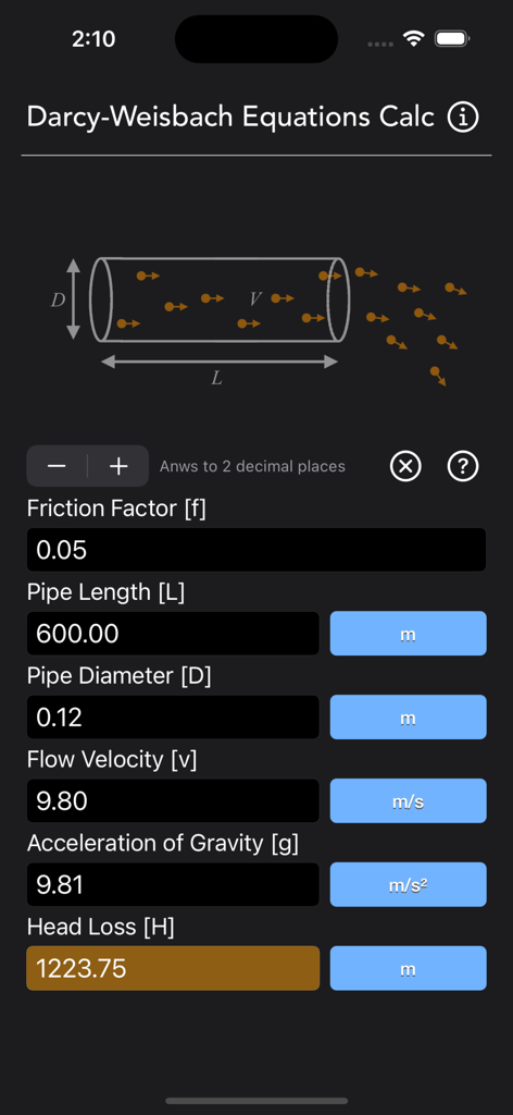 Interface of the Darcy Weisbach Equations Calc app showing head loss calculation with inputs for pipe diameter and flow velocity