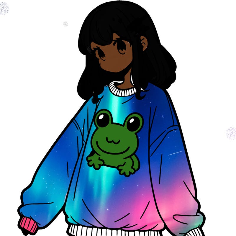 girl wearing frogging sweatshirt