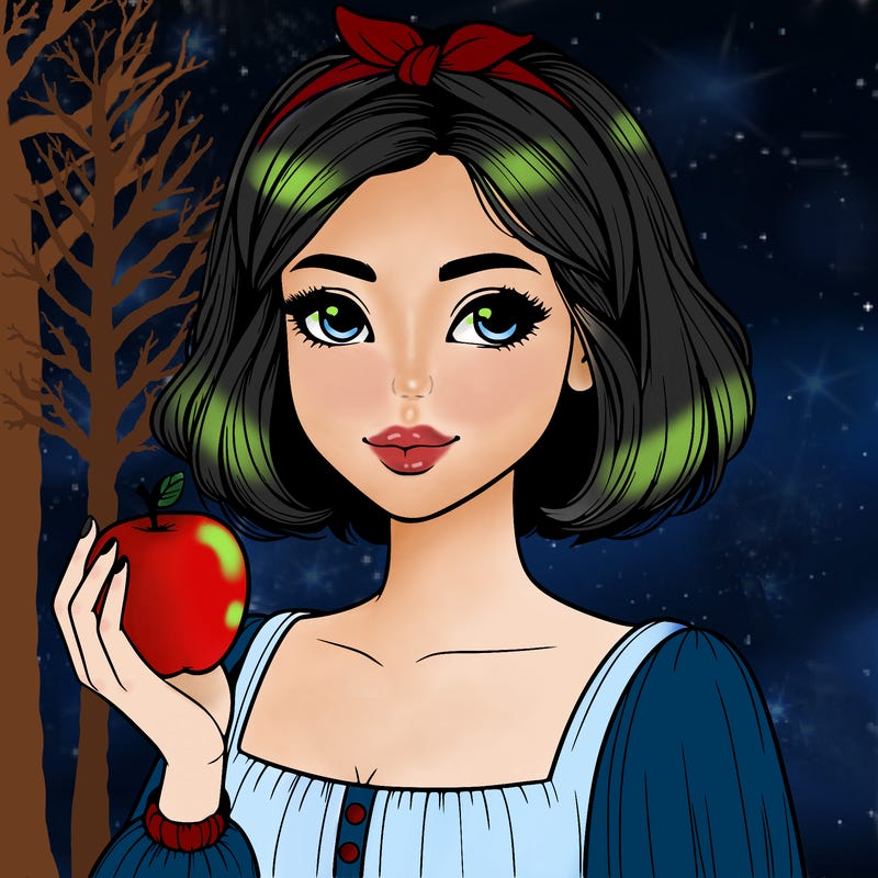 a woman with medium short hair, wearing a headband with a small bow, carrying an apple in her hand, realistic