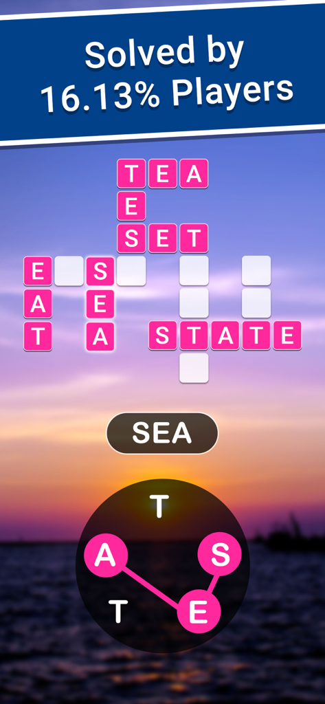 Crossword Jam: Fun Word Search - Crossword Jam game interface featuring a word puzzle challenge over a scenic sunset ocean background
