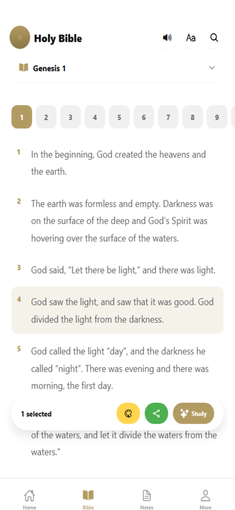 Holy Bible - Bible Offline - Digital Bible reader interface showing Genesis chapter one with a highlighted verse and study tools