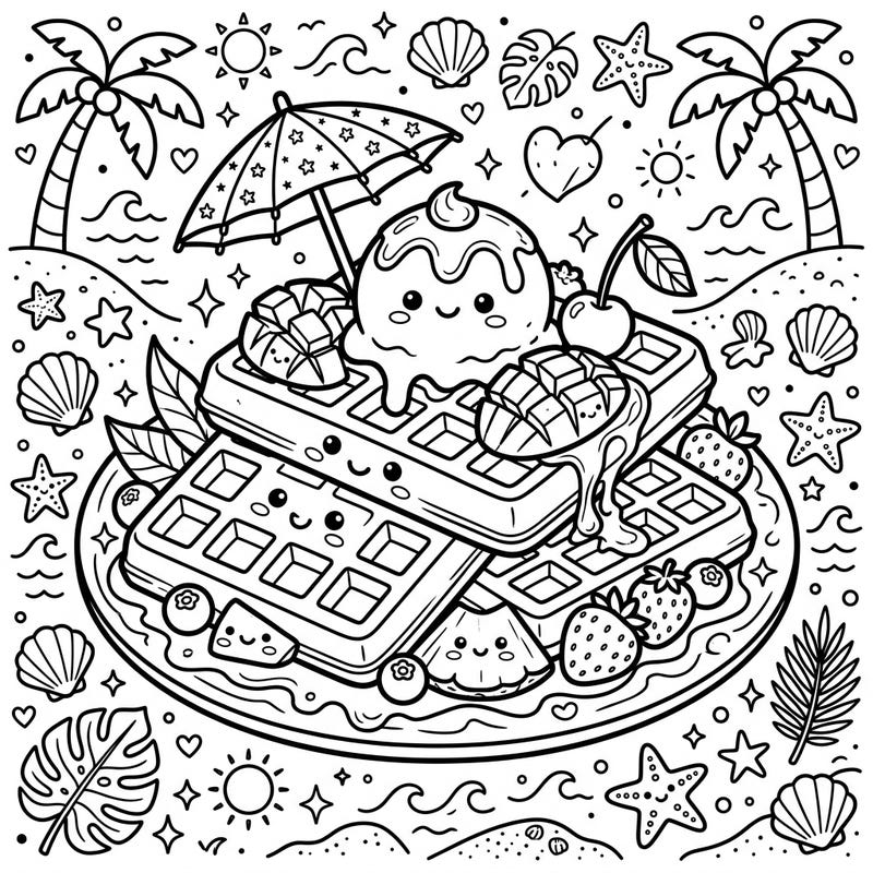 Get ready for a delightful summer treat with this charming Kawaii Waffles coloring page, brimming with adorable desserts and sunny beach elements. Perfect for bringing a touch of cuteness and warmth to your coloring sessions.