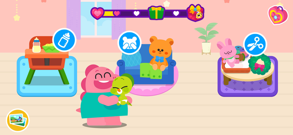 Cocobi Baby Care - Babysitter - Gameplay screen of Cocobi Baby Care showing a pink dinosaur holding a baby in a nursery with activity icons for feeding and playing