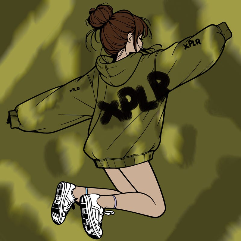 realistic girl jumping with a bun and oversized sweatshirt