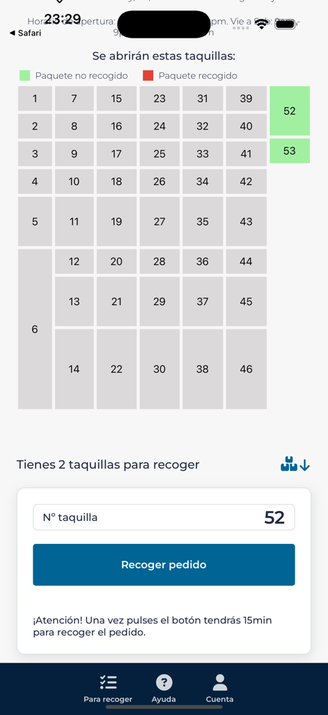 RapidSur - RapidSur app interface showing a locker grid for package collection with locker number 52 selected.