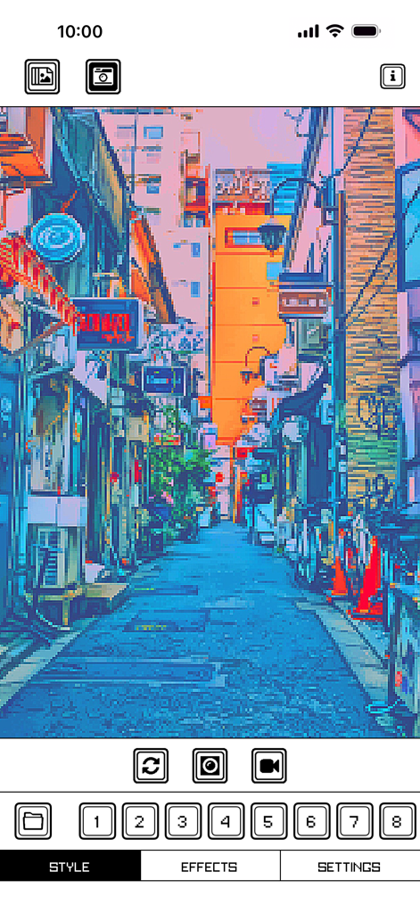 Una vibrante escena callejera urbana procesada a través de un filtro de pixel art retro de 16 bits en la interfaz de la aplicación Pixel Art Camera