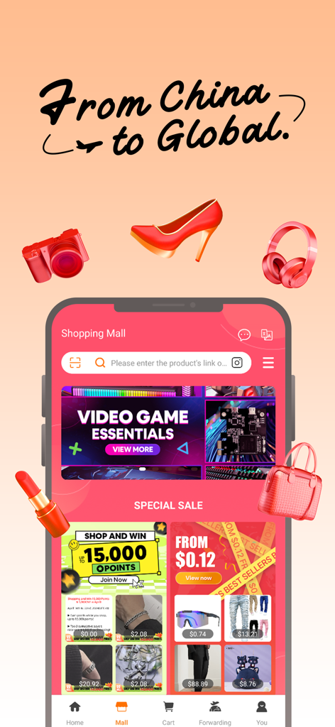 SUGARGOO mobile App-Bildschirm, der den Shopping-Mall-Bereich mit verschiedenen Mode- und Elektronikprodukten zeigt