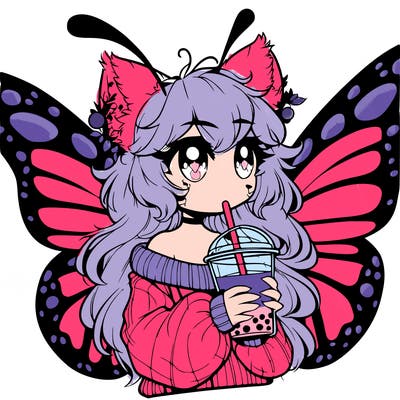 a realistic butterfly/furry girl drinking boba
