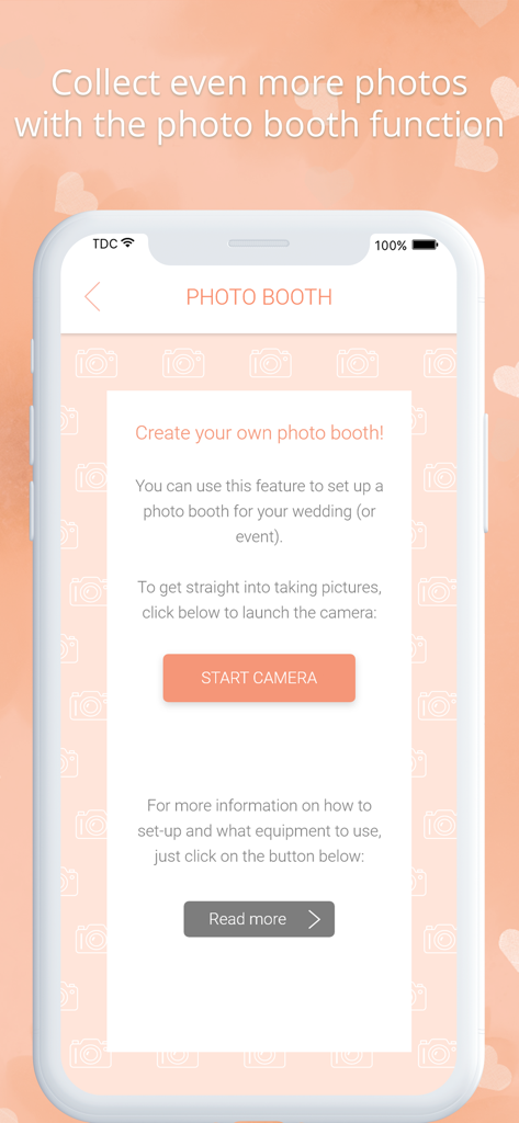 Wedding photo app by Wedbox - Screenshot of the Wedbox wedding photo app showing the in-app digital photo booth setup screen with a start camera button.