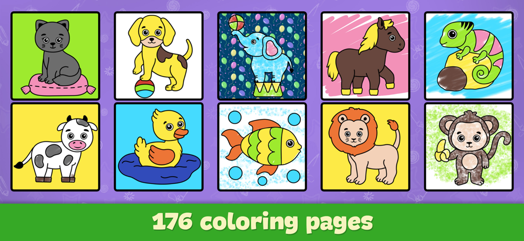 A selection of animal coloring pages for kids in the Bimi Boo drawing app.