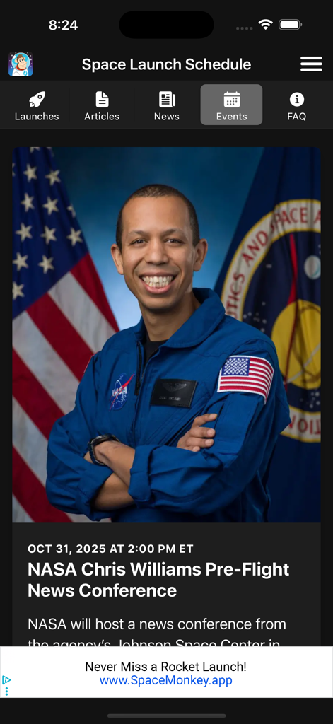 Space Launch Schedule - 宇宙飛行士クリス・ウィリアムズのNASA飛行前記者会見を表示するSpace Launch Scheduleアプリのイベントページ。