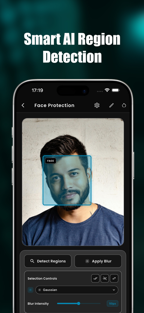 PrivacyBlur : Face Blur - Interfaz de la aplicación PrivacyBlur que muestra la detección inteligente de rostros por IA para la privacidad de las fotos.