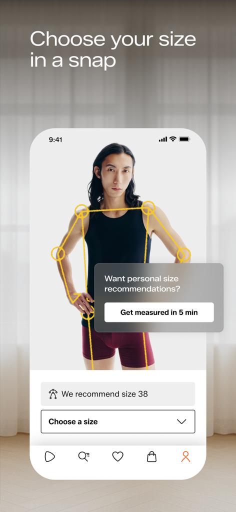 Zalando app interface showing digital body measurement for personalized size recommendations