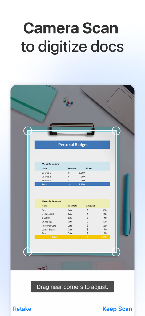 Interfaz móvil de la aplicación MobiOffice que muestra un documento escaneándose y digitalizándose mediante la función de cámara