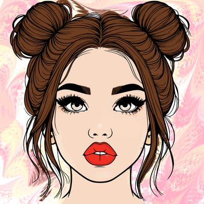 realistic girl with two buns on her hair and lips