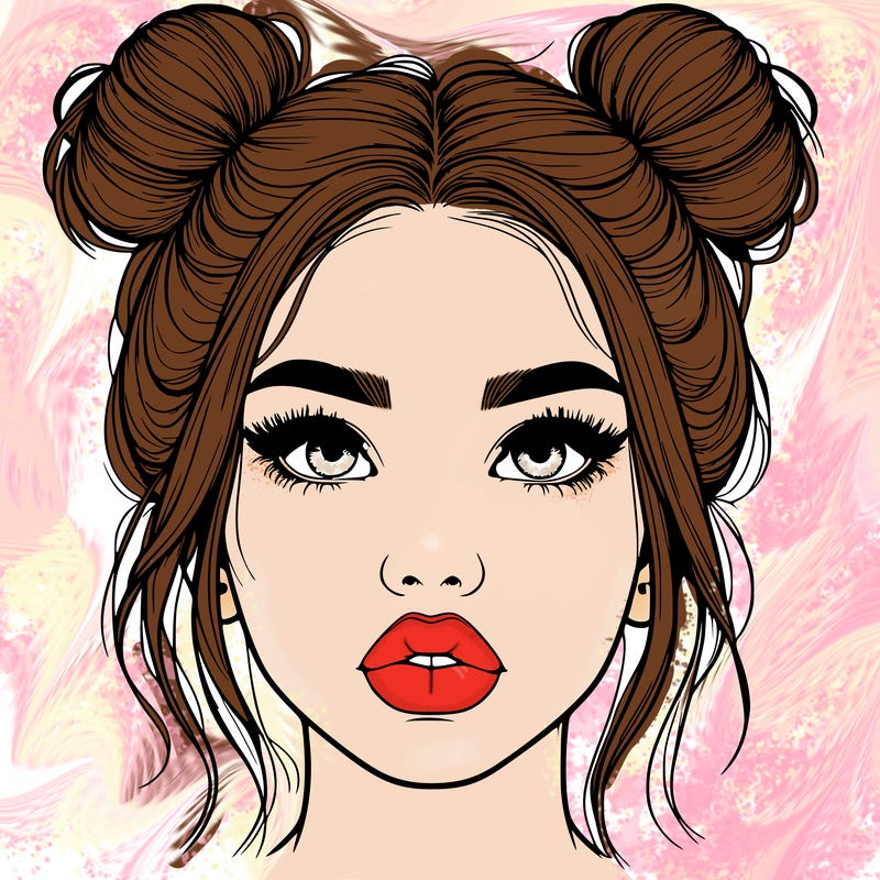 realistic girl with two buns on her hair and lips