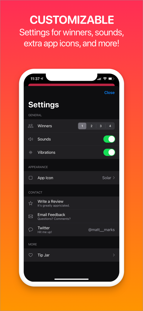Einstellungsbildschirm der Chooser-App mit Optionen zur Anpassung von Gewinnern, Sounds und Vibrationen.