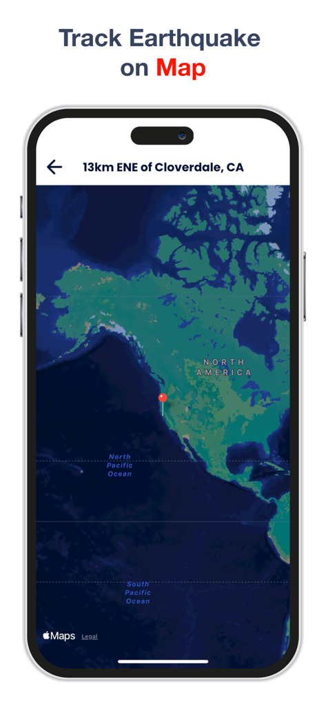 My Earthquake - alerts and map - Captura de tela do aplicativo Meu Terremoto mostrando a localização de um evento sísmico em um mapa da América do Norte