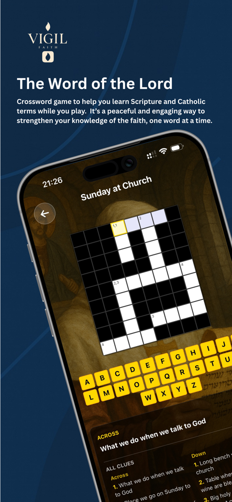 Vigil Faith - Catholic Bible - Ein Screenshot der Vigil Faith App, der ein Kreuzworträtselspiel namens "Das Wort des Herrn" mit Hinweisen zu katholischen Begriffen zeigt.