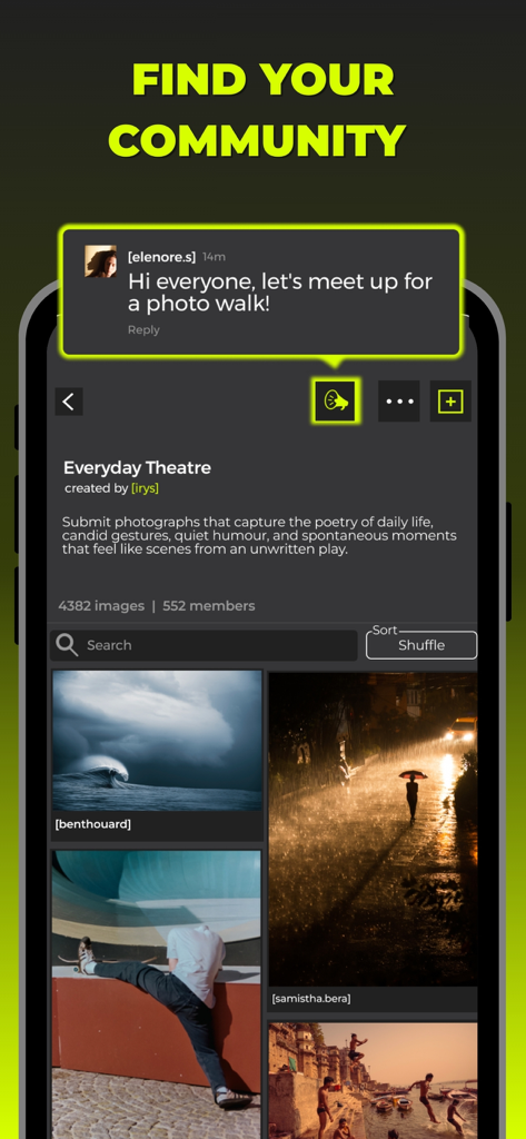 Irys - Irys photography app screen showing a curated community group with photo gallery and member messages