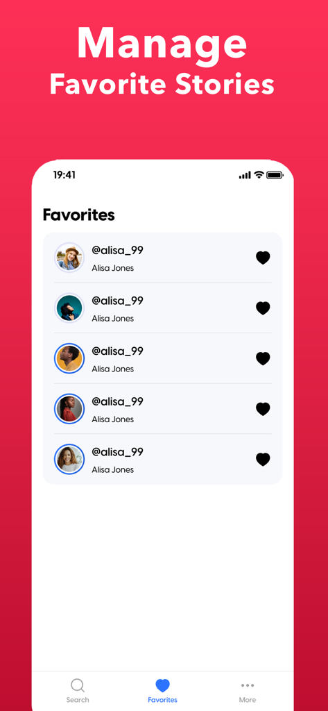 Story Saver - Story Viewer - A mobile screen showing the Favorites section of the Story Saver app with bookmarked Instagram stories